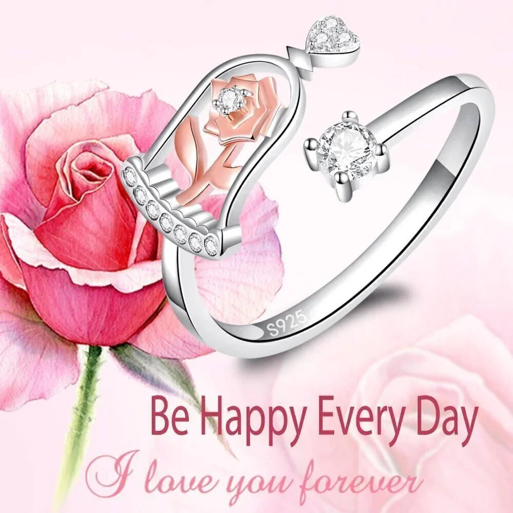Women 925 Sterling Silver Adjustable Rose Rings Jewelry Gifts - Picture 4 of 6